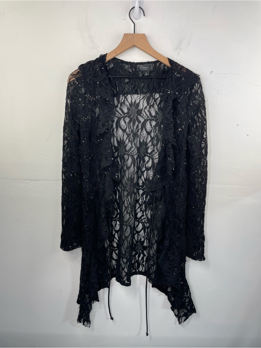 Collection Dressbarn Black Lace Duster Cardigan Sequin Trim Gothic Boho Open